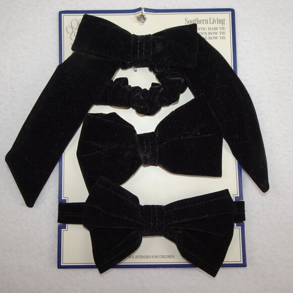 Velvet Bow Tie AND Ladies Hair Tie AND Dog Bow Tie Black 3 Piece Set Matching - Picture 1 of 8